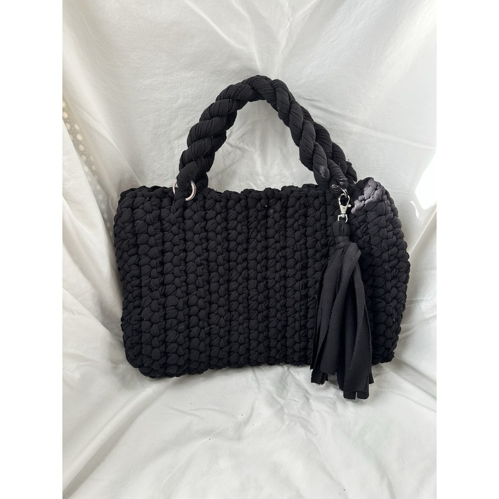 Black Modern Crochet Handbag With‎ Tassels